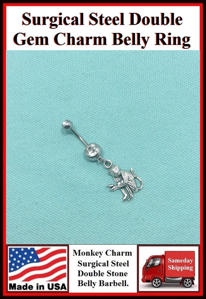 MONKEY PLAYING Silver Charm Surgical Steel Belly Ring.