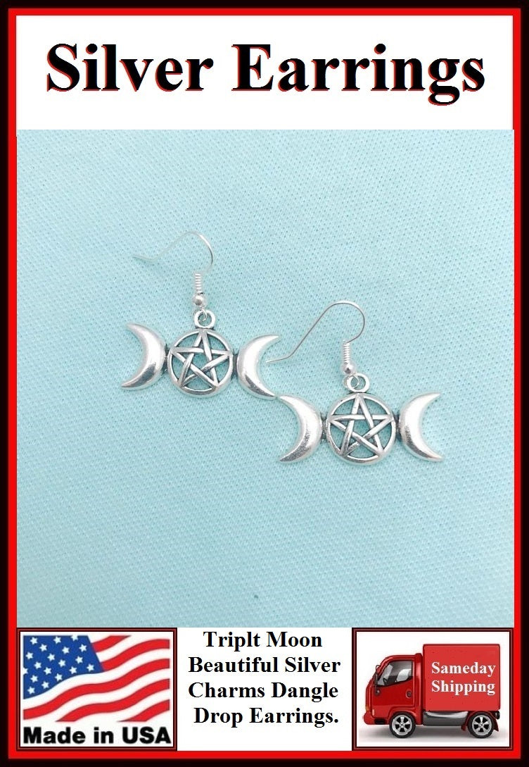 Triple Moon Goddess Pentacle Pendant Dangle Silver Earrings.