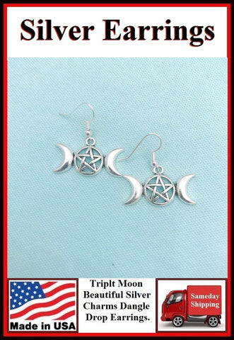 Triple Moon Goddess Pentacle Pendant Dangle Silver Earrings.