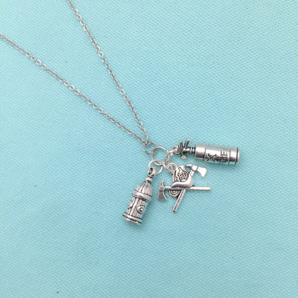 Firefighter Axes n Helmet, Fire Hydrant & Fire Extinguisher Silver Chain Necklace