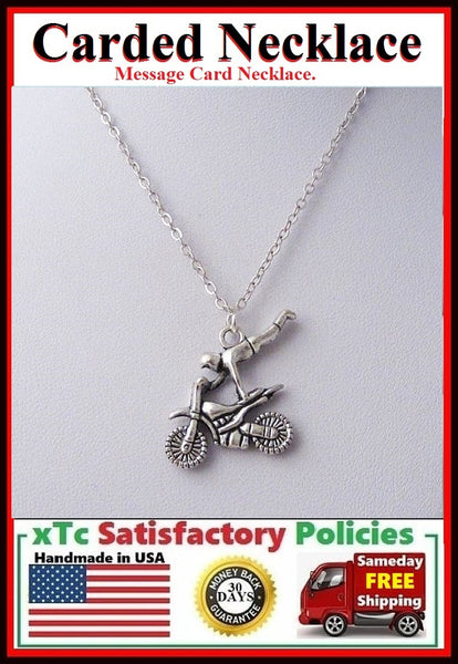 Biker Gift; Handcrafted Silver Dirt Bike Charm Necklace.
