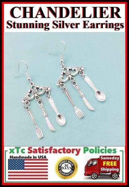 Stunning CHANDELIER Silver Fork & Spoon Dangle Earrings. For Mom Cook Chef.