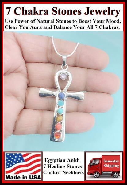 7 Chakra Stones on ANKH CHARM with 18" & 24" Necklace.
