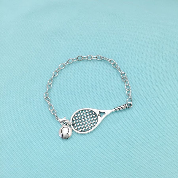 Handcrafted Tennis Racket & Ball Silver Charms Steel Bracelet.