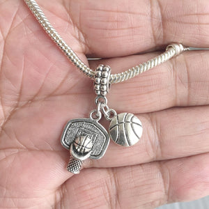 Basket Ball Lovers; "HOOP & BASKET BALL" Silver Bead For Charm Bracelets