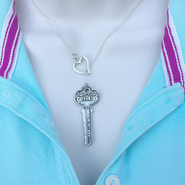 221B Sherlock Address Silver Key Lariat Y Necklace.