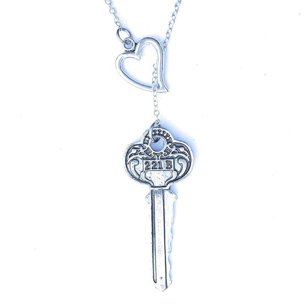 221B Sherlock Address Silver Key Lariat Y Necklace.