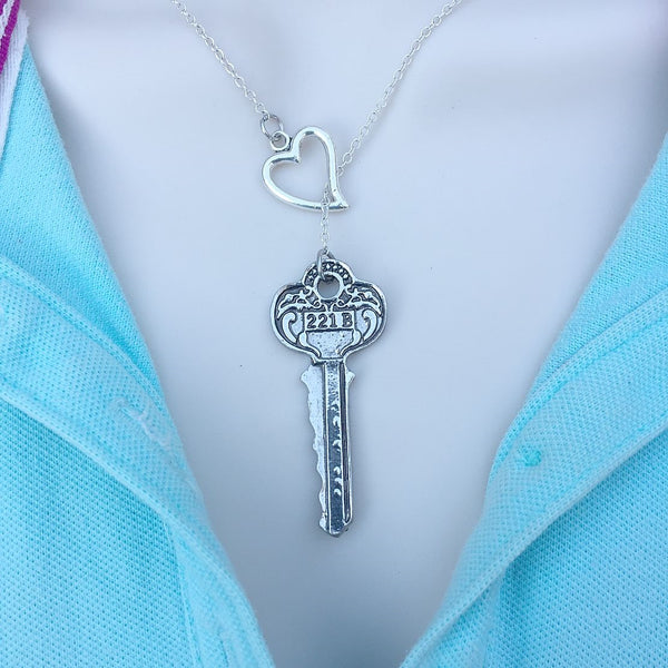 221B Sherlock Address Silver Key Lariat Y Necklace.