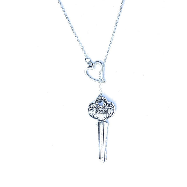 221B Sherlock Address Silver Key Lariat Y Necklace.