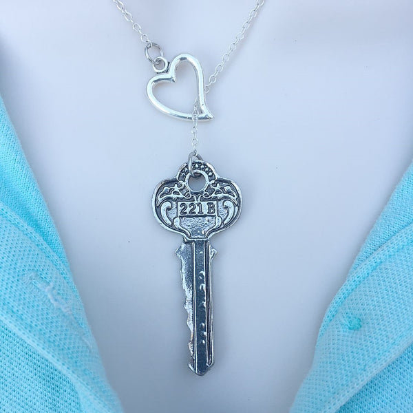 221B Sherlock Address Silver Key Lariat Y Necklace.