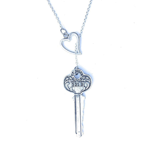 221B Sherlock Address Silver Key Lariat Y Necklace.