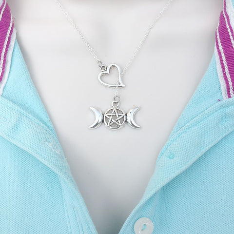 I Heart Triple Moon Pentacle Silver Lariat Y Necklace.