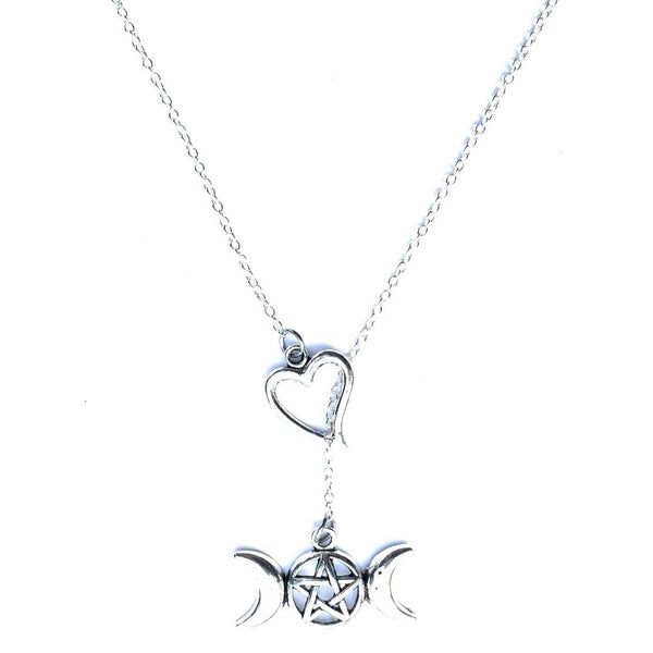 I Heart Triple Moon Pentacle Silver Lariat Y Necklace.