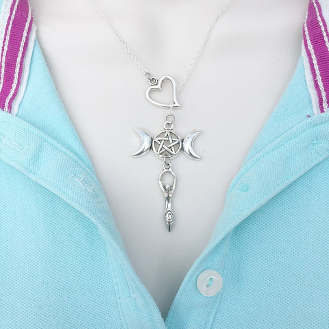 I Heart Triple Moon Goddess Silver Lariat Y Necklace.