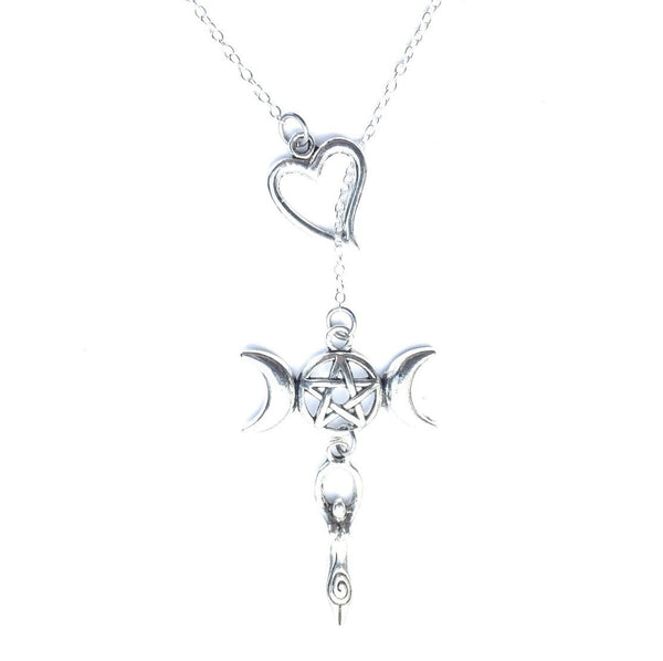 I Heart Triple Moon Goddess Silver Lariat Y Necklace.