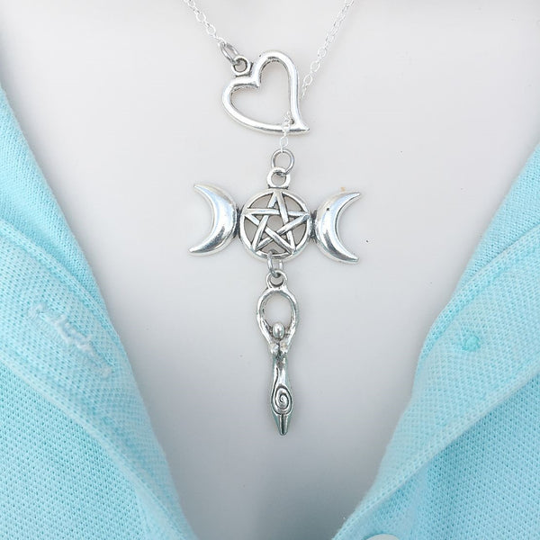 I Heart Triple Moon Goddess Silver Lariat Y Necklace.