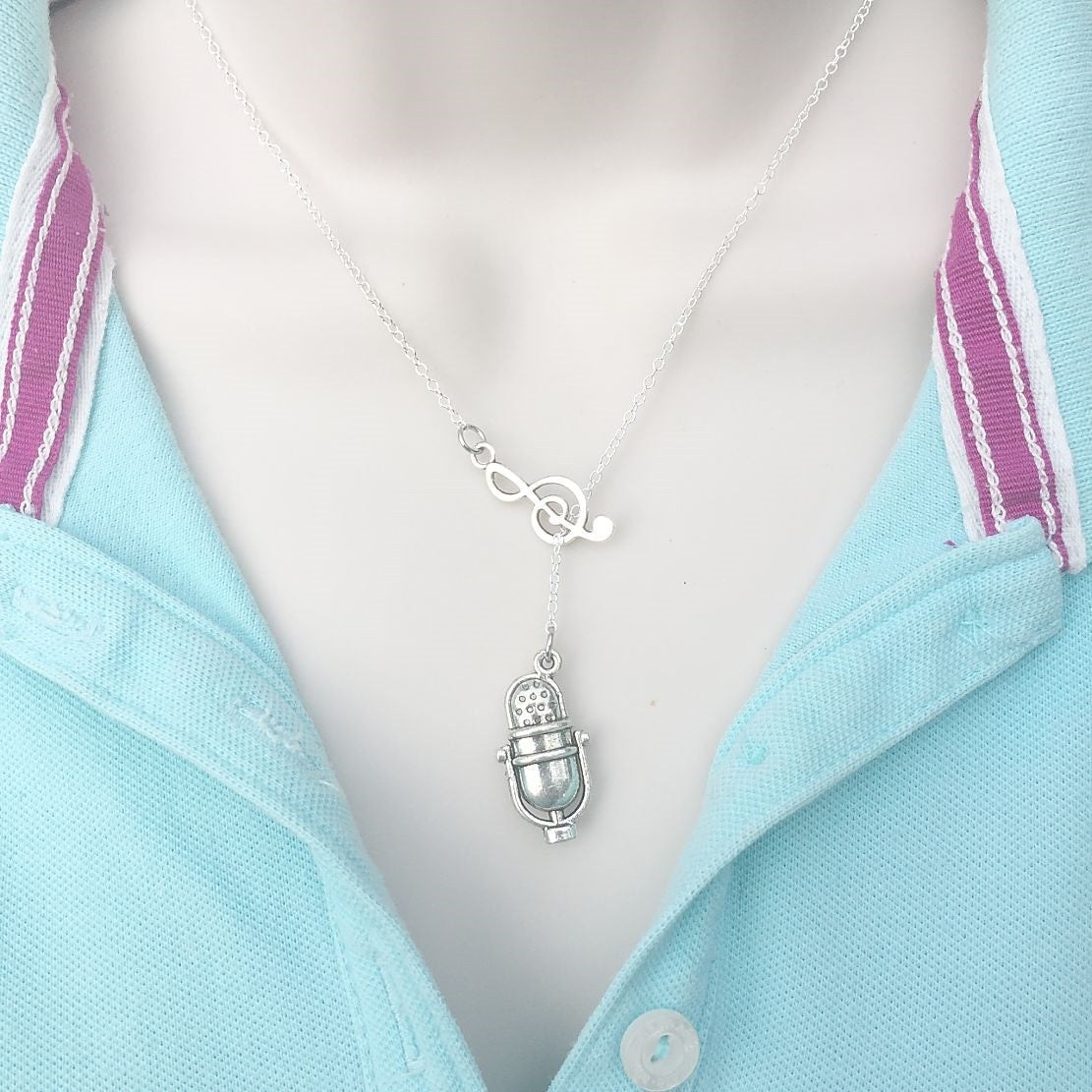 Music Note and Studio Mic Silver Lariat Y Necklace.