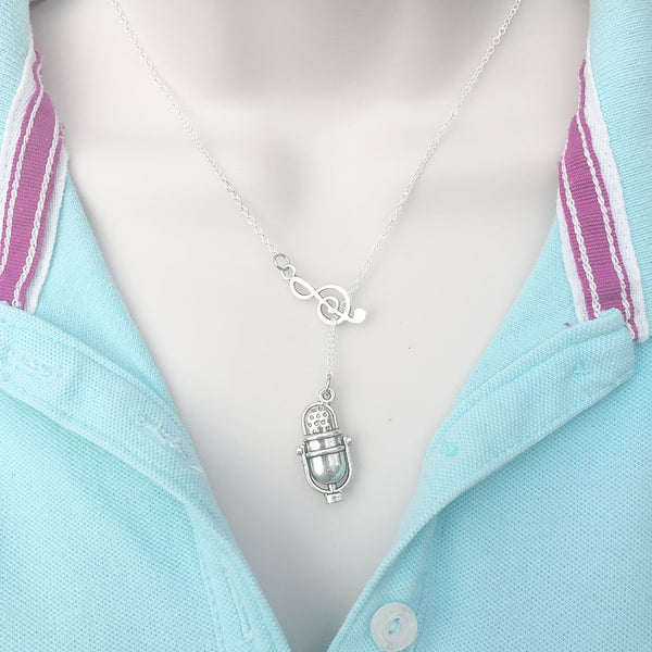 Music Note and Studio Mic Silver Lariat Y Necklace.