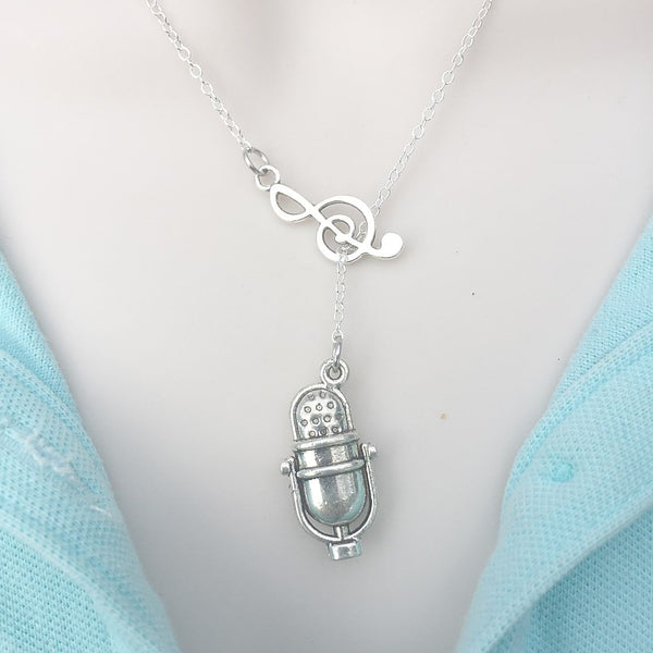 Music Note and Studio Mic Silver Lariat Y Necklace.