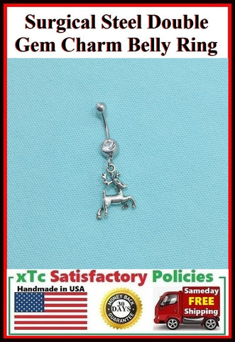Surgical Steel Double Gems Belly Ring with Dear Charm.