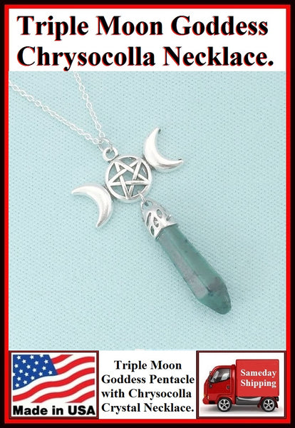 TRIPLE MOON Pentacle with Chrysocolla Crystal Necklace.