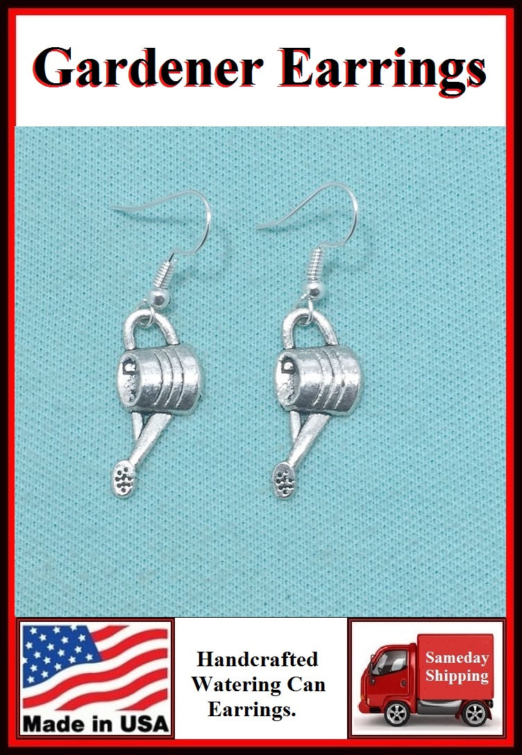 GARDENER'S Watering Can Silver Dangle Earrings.