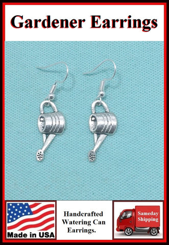 GARDENER'S Watering Can Silver Dangle Earrings.