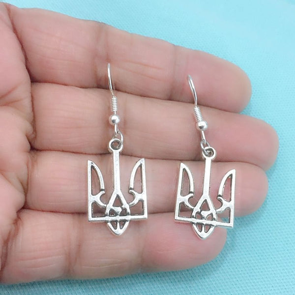 Ukraine TRYZUB TRIDENT (Coat of Arms) Silver Charms Dangle Earrings.
