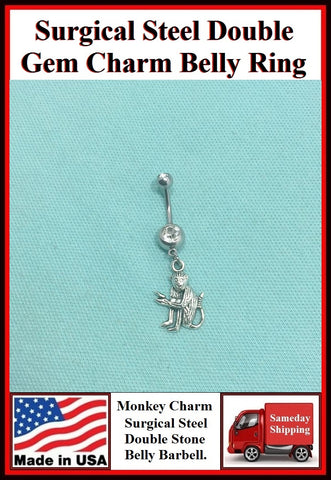 MONKEY PLAYING Silver Charm Surgical Steel Belly Ring.