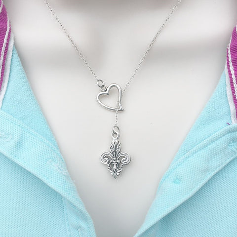 Antique Style Fleur De Lis Silver Lariat Y Necklace.