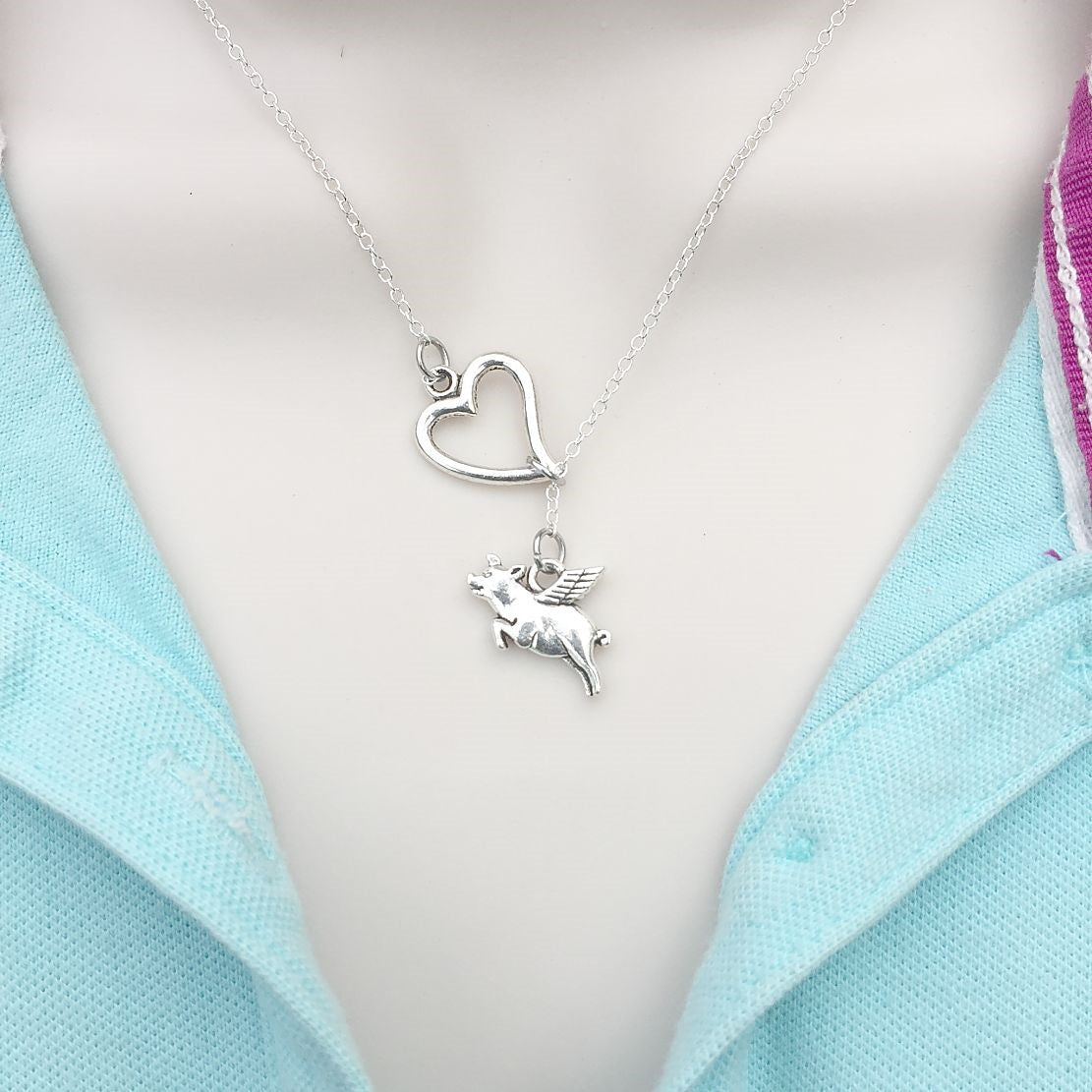 When Pigs Fly Charm Silver Lariat Y Necklace.