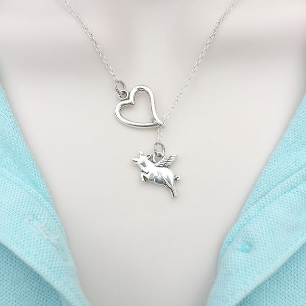 When Pigs Fly Charm Silver Lariat Y Necklace.