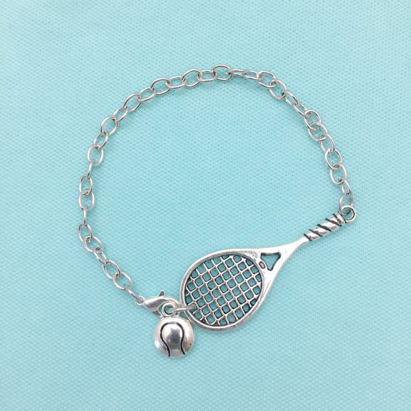 Handcrafted Tennis Racket & Ball Silver Charms Steel Bracelet.