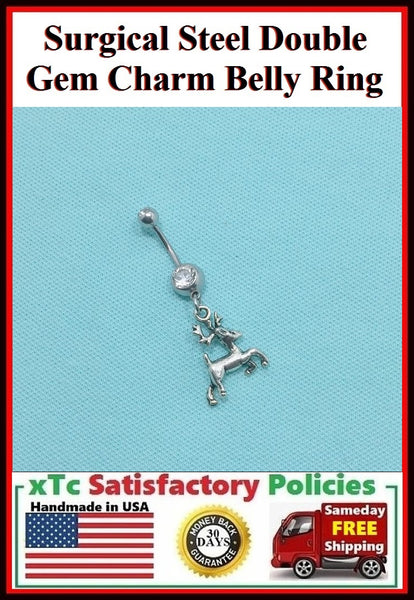 Surgical Steel Double Gems Belly Ring with Dear Charm.