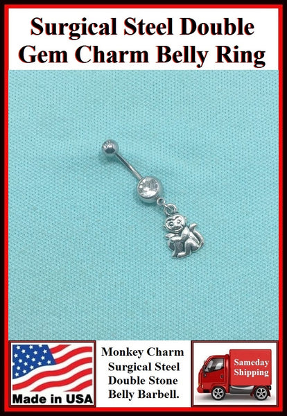 MONKEY & BANANA Silver Charm Surgical Steel Belly Ring.