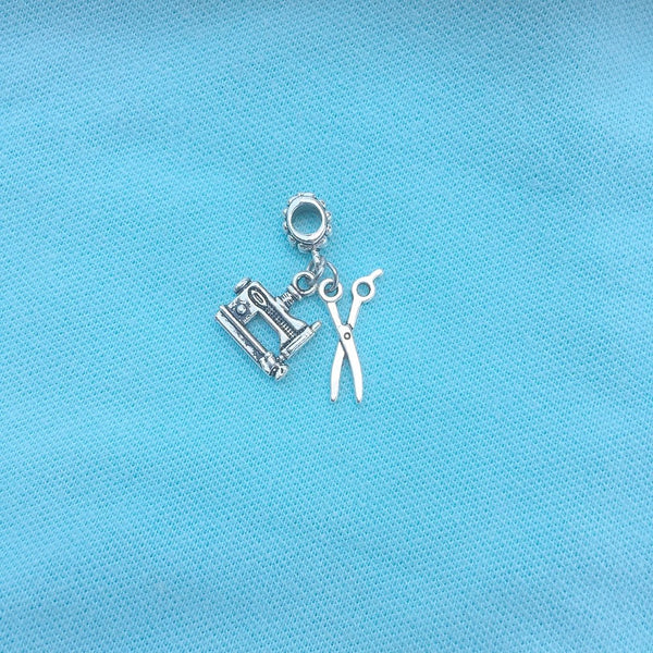 Seamstress Tailor "SEWING MACHINE n SCISSORS" Silver Bead For Charm Bracelets