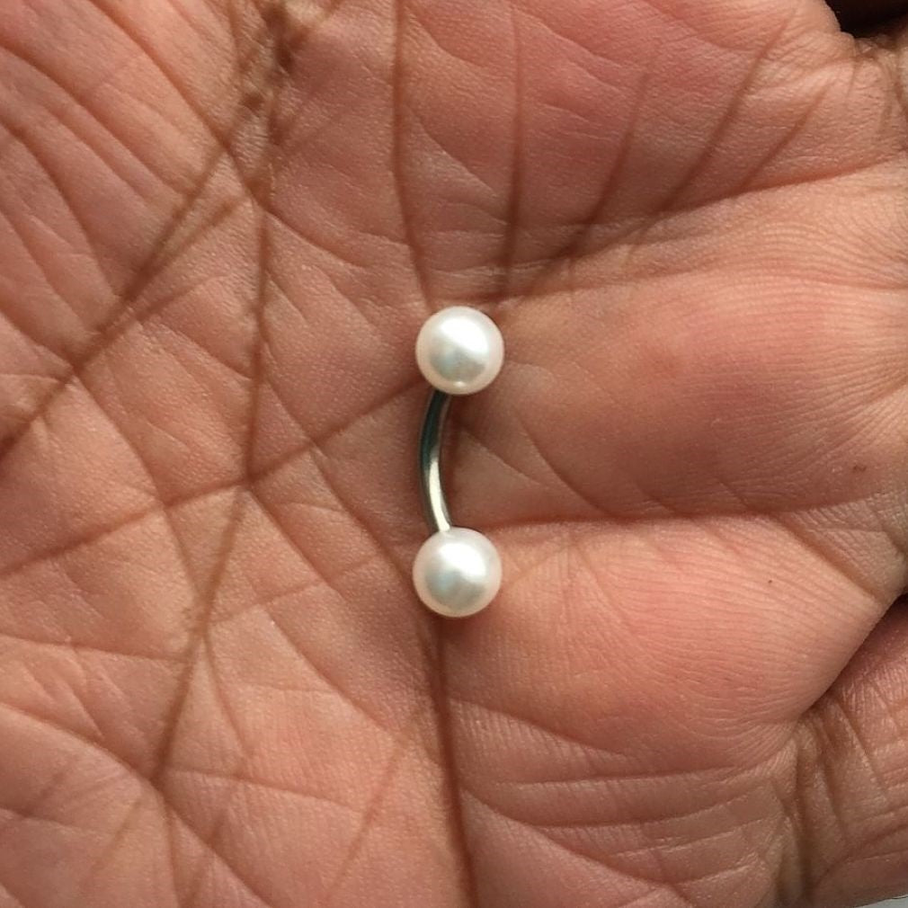 White Faux Pearl Balls Surgical Steel Barbell for Vertical Hood Piercing.