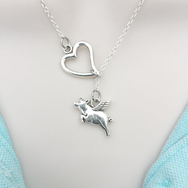 When Pigs Fly Charm Silver Lariat Y Necklace.