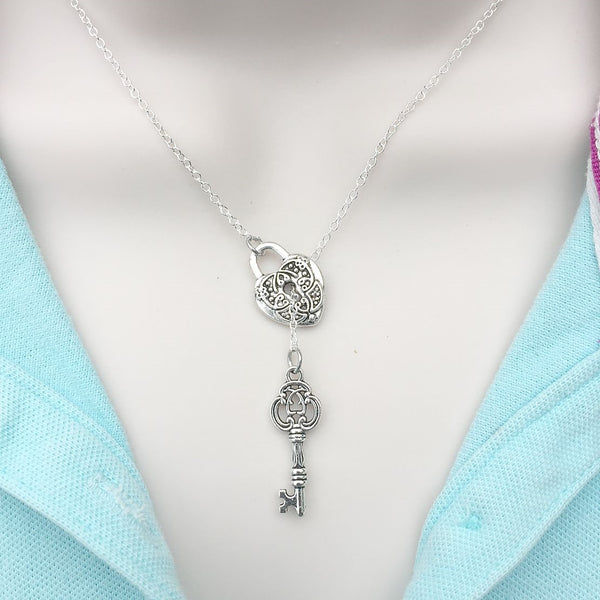 Antique LOCK with KEY Necklace Lariat Style.