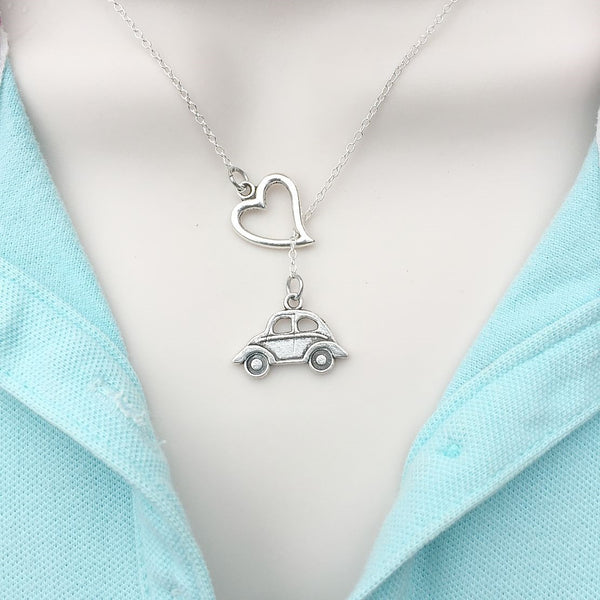 I Love VW Beetle BUG Car Silver Lariat Y Necklace