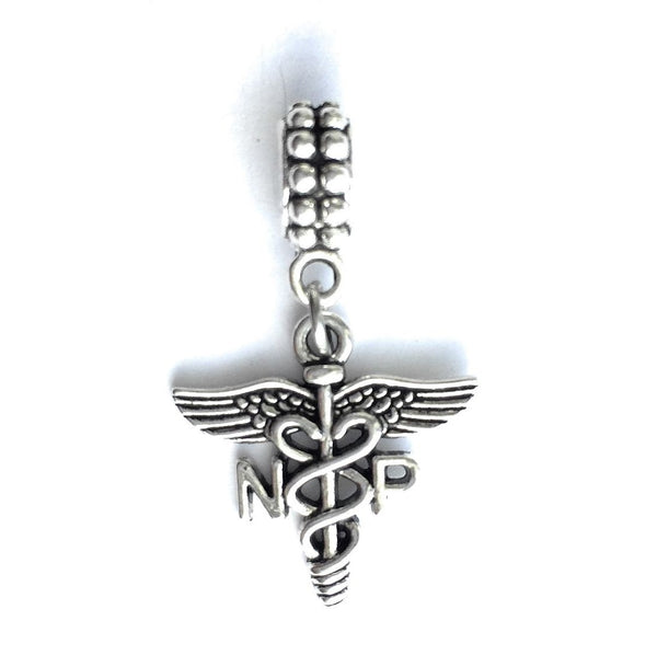 NP Nurse Practitioner Caduceus Silver Bead For Charm Bracelets