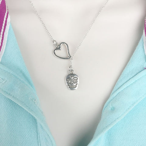 I Love Sugar Skull Silver Lariat Y Necklace.