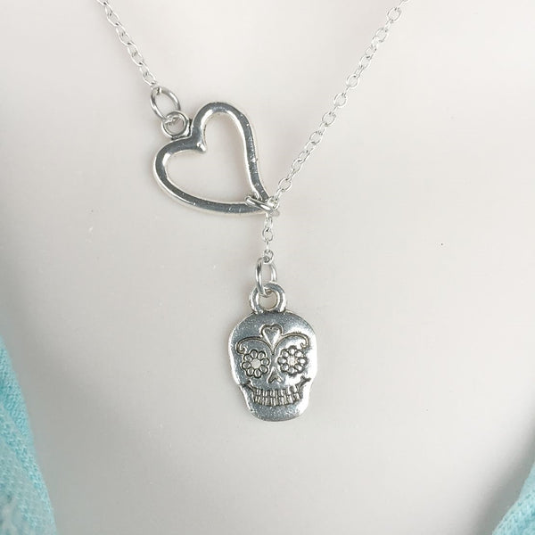 I Love Sugar Skull Silver Lariat Y Necklace.