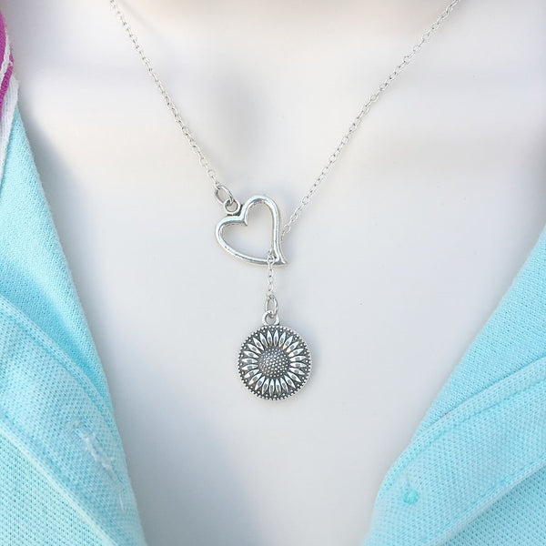 I Love Sunflower Silver Lariat Y Necklace.