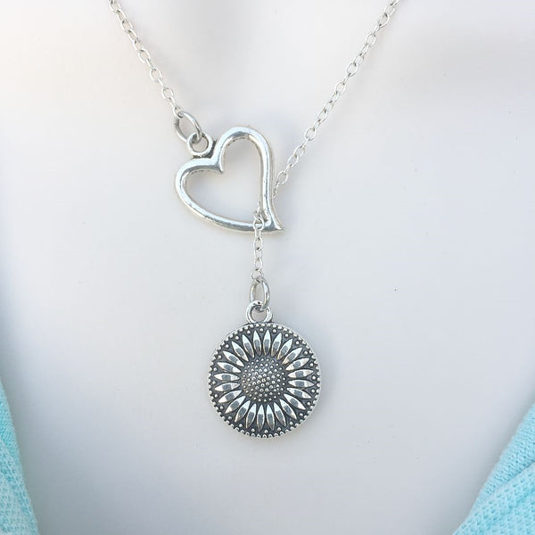 I Love Sunflower Silver Lariat Y Necklace.