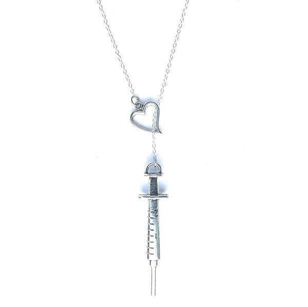 RN 2" Long Syringe Silver Lariat Y Necklace.