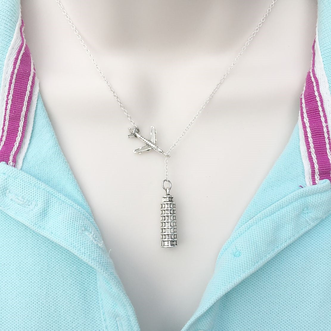Going to ITALY, Pisa Tower Silver Lariat Y Necklace.