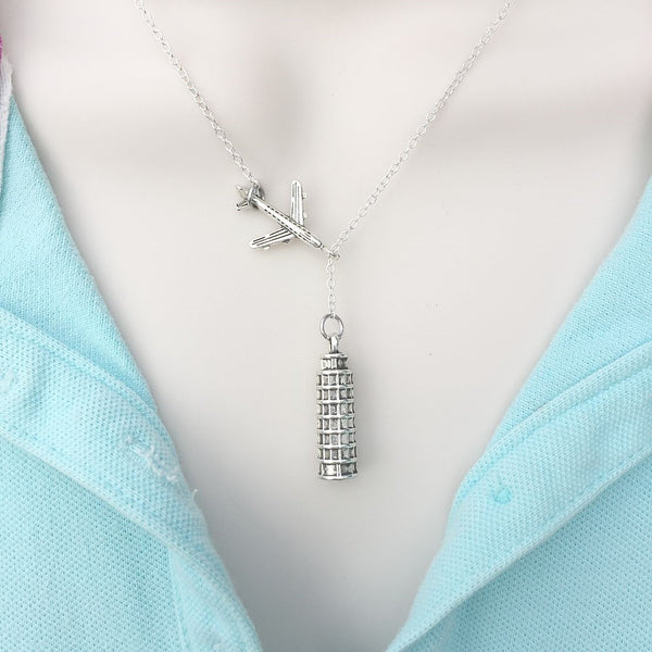 Going to ITALY, Pisa Tower Silver Lariat Y Necklace.