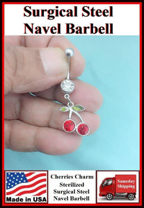 Cherries Silver Charm Surgical Steel Belly Ring.
