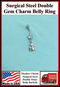 MONKEY & BANANA Silver Charm Surgical Steel Belly Ring.